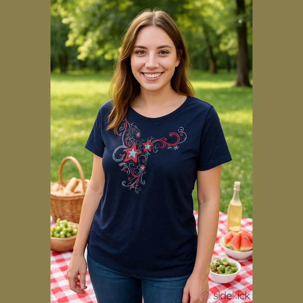 Chico's Blue and Red Graphic Short Sleeve Tee Large